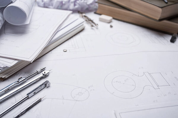 Architectural prints and print rolls and a drawing instruments o