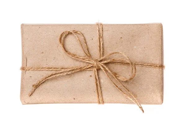 Coffret Cadeau Vintage Enveloppé Avec Ruban Toile Jute Isolé Sur — Photo