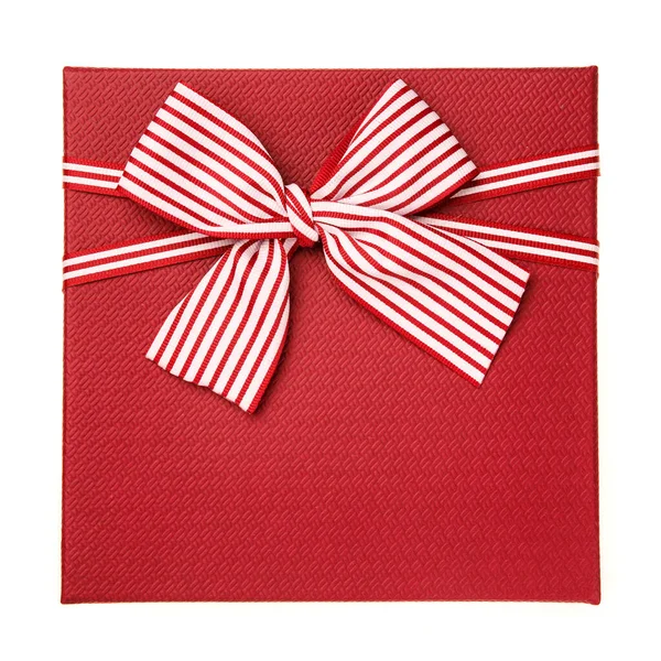 Красная Подарочная Коробка Белой Красной Лентой Изолированы Белом Фоне Вид — стоковое фото