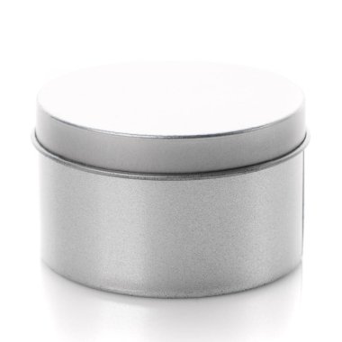 Yuvarlak gri metal kutu beyaz arkaplanda izole edilmiş..