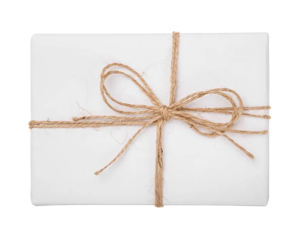 Coffret Cadeau Blanc Avec Noeud Ruban Toile Jute Isolé Avec — Photo