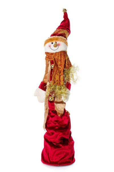 Smiling snowman toy dressed in scarf and cap. Isolated — Stock Photo, Image