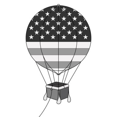 Beyaz arka planda siyah ve beyaz sıcak hava balonu ile ABD bayrağı