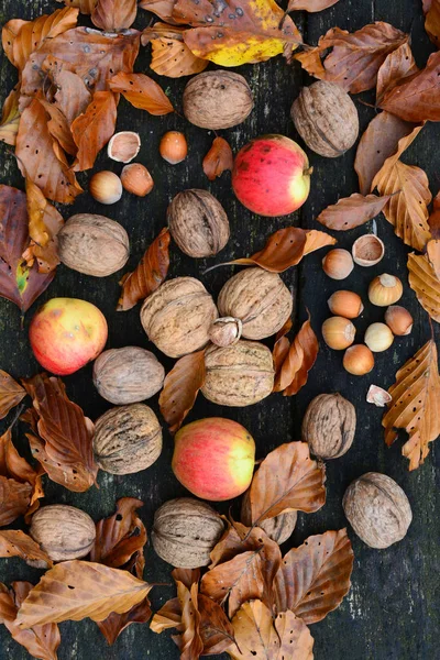 Noci Nocciole Mele Selvatiche Mescolate Con Foglie Autunnali Vecchio Tavolo — Foto Stock