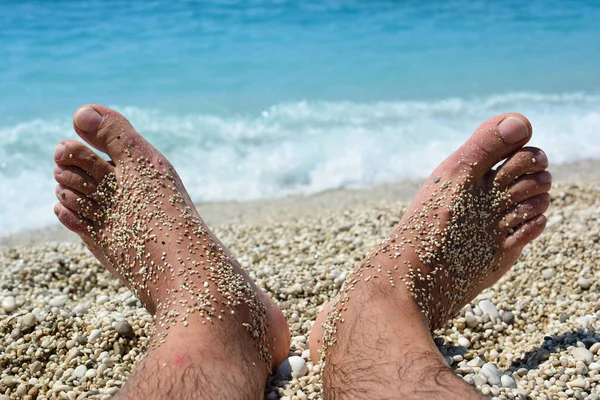 Sommar Semester Koncept Strand Avkoppling Varm Sten Pefkari Stranden Thassos — Stockfoto