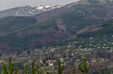 Panorama karlı üst, bahar ayak dağ, glade, karışık orman ve yerleşim bölgesi Witosha mountain, Bulgaria 