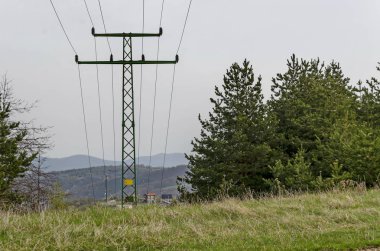 Bahar Orman glade, bir yerleşim bölgesi ve eski elektrik enerji nakil hattı, Plana dağ, Bulgaristan  