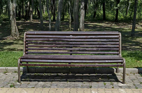 Wooden bench on main alley in the forest at natural old North park, Sofia, Bulgaria