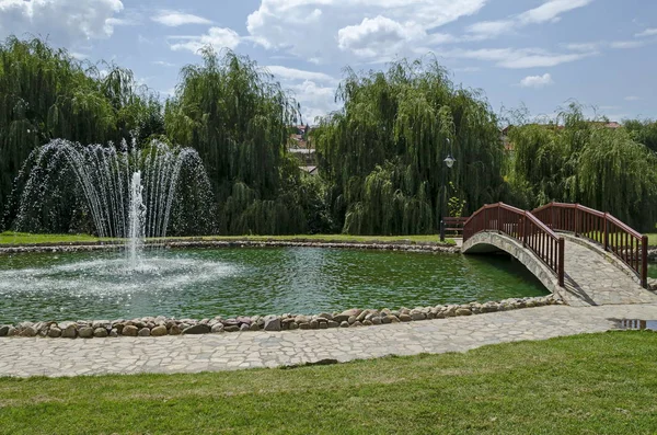 Vista Jardim Público Com Beleza Lagoa Artificial Fonte Ponte Cidade — Fotografia de Stock