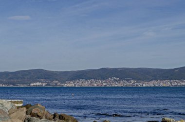 Deniz Sahil Resort kasaba Nessebar Karadeniz yakınındaki, Sveti Vlas, Elenite ve dağ manzarası Balkan, Bulgaristan, Avrupa 