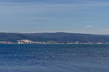 Deniz Sahil Resort kasaba Nessebar Karadeniz yakınındaki, Sveti Vlas, Elenite ve dağ manzarası Balkan, Bulgaristan, Avrupa 