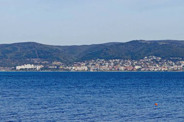 Sahil Resort şehir Nessebar Sveti Vlas ve dağ doğru tarafından karadeniz üzerinde deniz manzarası Balkan, Bulgaristan, Avrupa   