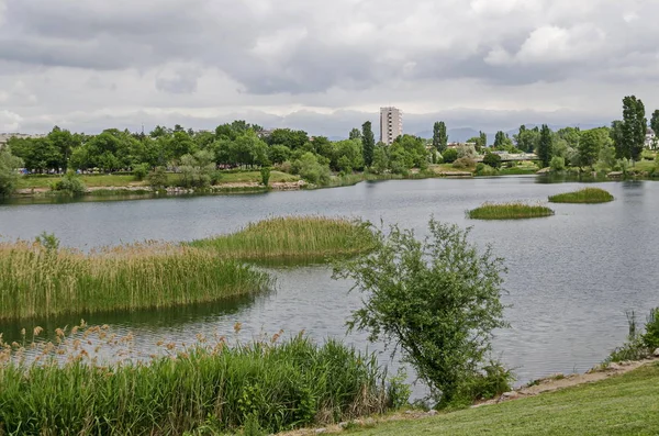 Panorama Primavera Una Parte Del Barrio Residencial Junto Lago Con — Foto de Stock