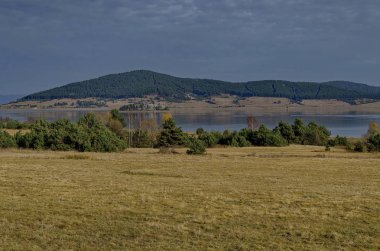 Glade, hill, kıyı, yapraklı ve iğne yapraklı ağaçlar etrafında Batak Baraj Gölü, Rodop Dağları, Bulgaristan ile orman şaşırtıcı sonbahar manzarası 