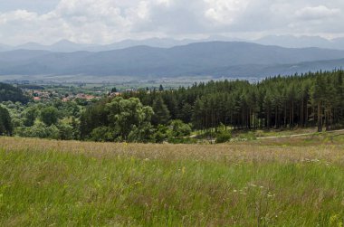 Rila ve Verila dağları yakınlarındaki Plana dağıbulgar köyü Alino glade, orman ve yerleşim bölgesi ile Bahar sahnesi, Bulgaristan