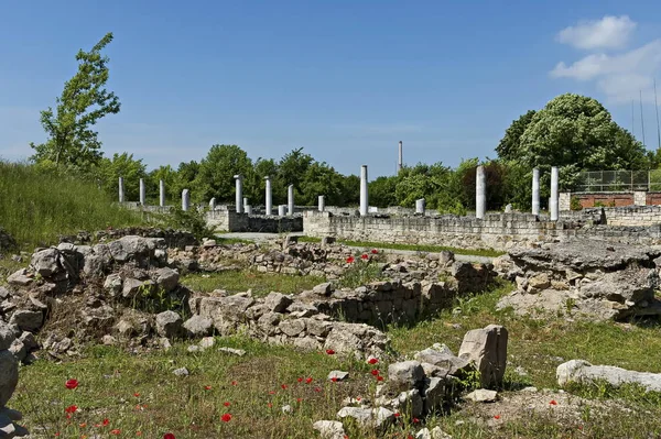 Archaeological Complex Abritus with inner walls and columns of the building ruins in authentic look, ancient Roman city in the present town Razgrad, Bulgaria, Europe