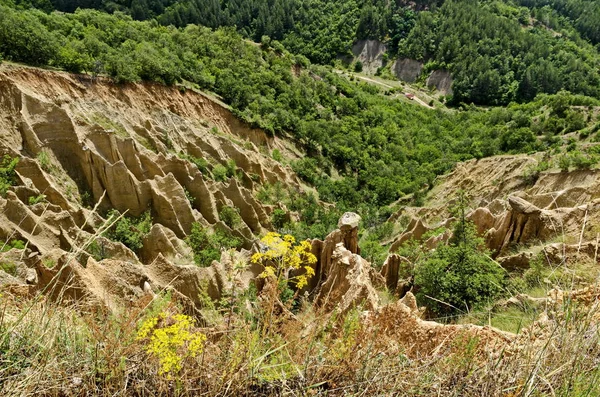珍しい形の赤と黄色の岩の形成を持つ有名なストブピラミッドの断片 周りの緑の茂みや木 リラ山の西のシェア キュステンディル地域 ブルガリア ヨーロッパ — ストック写真