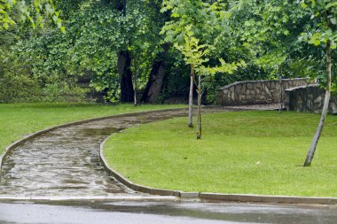 Bulgaristan'ın Dupnitsa kasabası yakınlarındaki Rila Park'ta yağmur dan sonra Bistritsa Nehri üzerinde bir yaya yolu üzerinde taş köprü  