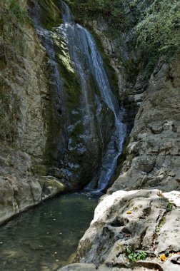 Bulgaristan 'ın Teteven kenti yakınlarındaki Skoka Şelalesi veya Orta Balkan' daki Kozniza Nehri 'nin Atlayışı' nın yaz manzarası  