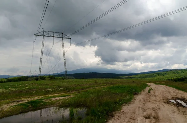 Springtime forest with glade and General electric power transmission line, Plana mountain, Bulgaria