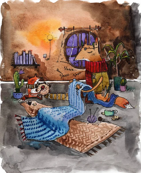 Aquarell Cartoon Foxy Schal Inneren Abend Nacht — Stockfoto