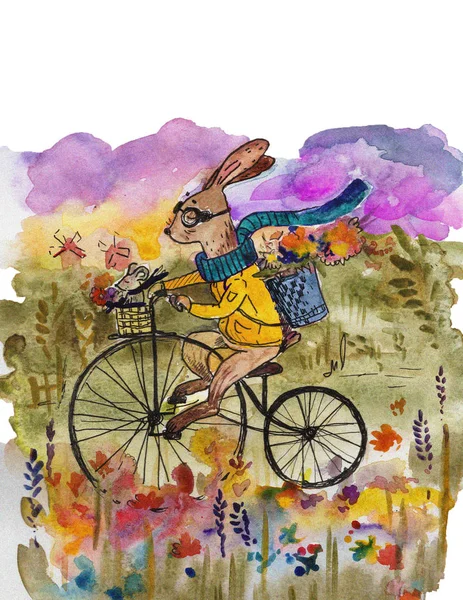 Акварельний Кролик Велосипеді Їде Квітковому Полі — стокове фото