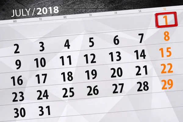 Calendário planejador para o mês, data limite do dia da semana, domingo, 2018 julho 1 — Fotografia de Stock