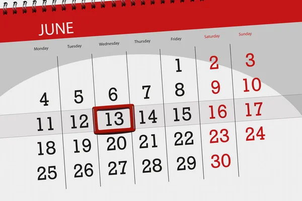 Planner kalendarz na miesiąc, dni tygodnia, środa, 13 czerwca 2018 — Zdjęcie stockowe