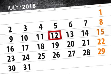 Ayın son günü hafta, Perşembe, 2018 12 Temmuz için Takvim Planlayıcısı