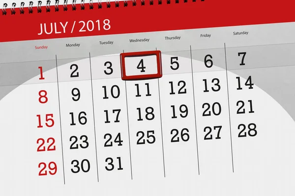 Planificador de calendario para el mes, fecha límite de la semana, miércoles, 4 de julio de 2018, Día de la Independencia —  Fotos de Stock