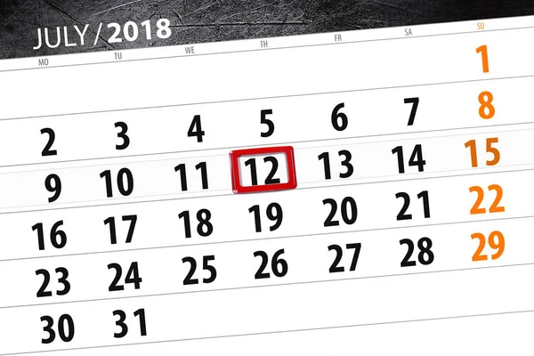 Calendar planner for the month, deadline day of the week, thursday, 2018 july 12