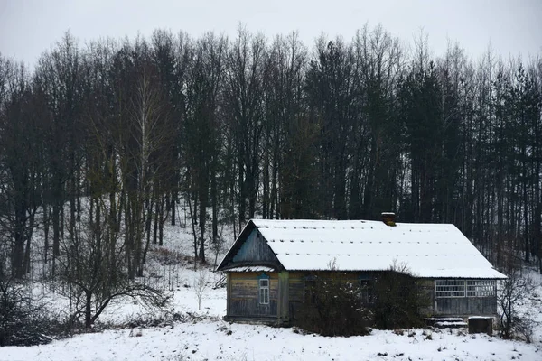 Stary samotny dom drewniany w polu śniegu w zimie z drzew — Zdjęcie stockowe