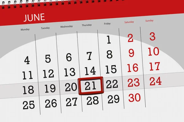 Calendário planejador para o mês, data limite do dia da semana, quinta-feira, 2018 junho 21 — Fotografia de Stock