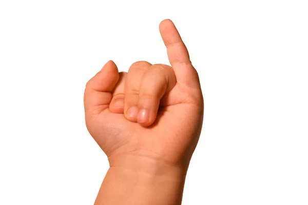 Isolerade lilla baby hand visar olika gester på en vit bakgrund — Stockfoto
