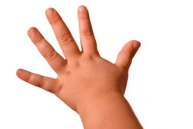 İzole küçük bebek el farklı hareketleri beyaz bir arka plan üzerinde gösterir.