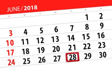 Ayın son günü hafta, Perşembe, Haziran 28 2018 için Takvim Planlayıcısı