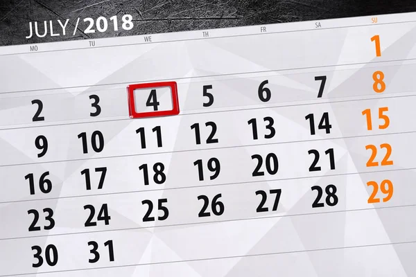 Planner kalendarz na miesiąc, dni tygodnia, środa, 2018 4 lipca, Dzień Niepodległości — Zdjęcie stockowe