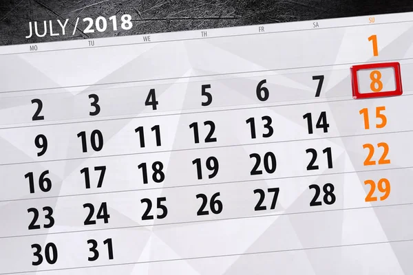 Calendário planejador para o mês, data limite do dia da semana, domingo, 2018 8 de julho — Fotografia de Stock