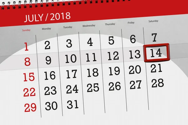 Calendrier planificateur pour le mois, date limite de la semaine, samedi, 14 juillet 2018 — Photo