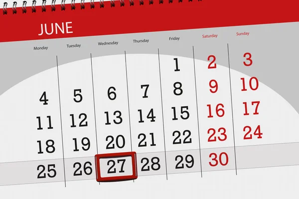 Calendário planejador para o mês, data limite do dia da semana, quarta-feira, 2018 junho 27 — Fotografia de Stock