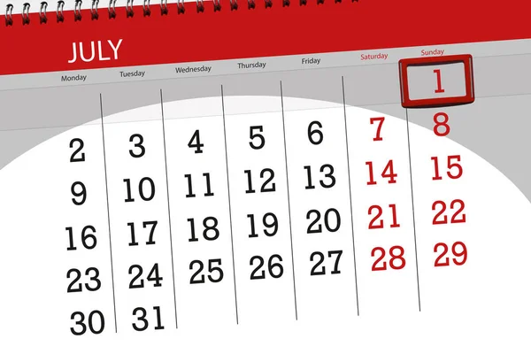 Kalender planner för månaden, deadline dagen i veckan, söndag, 1 juli 2018 — Stockfoto