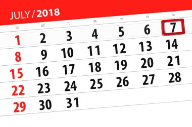 Ayın son günü haftanın, Cumartesi, 2018 7 Temmuz için Takvim Planlayıcısı