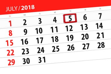 Ayın son günü hafta, Perşembe, 2018 5 Temmuz için Takvim Planlayıcısı