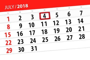 Ayın son günü haftanın Çarşamba, 2018 4 Temmuz bağımsızlık günü için Takvim Planlayıcısı