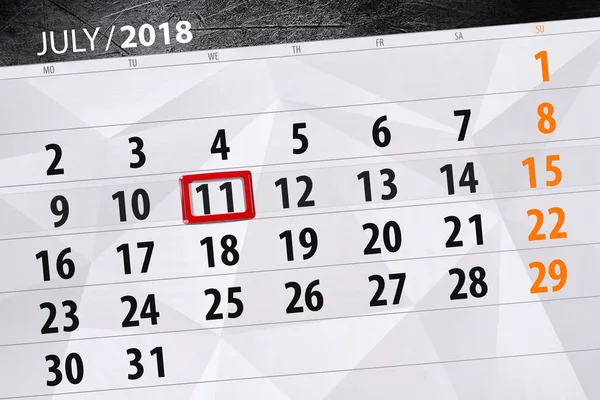 Calendrier planificateur pour le mois, date limite de la semaine, mercredi, 11 juillet 2018 — Photo