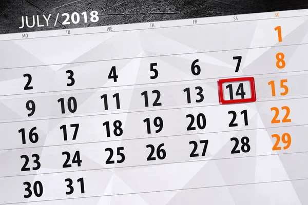 Kalender planner för månaden, deadline veckodag, lördag, 14 juli 2018 — Stockfoto