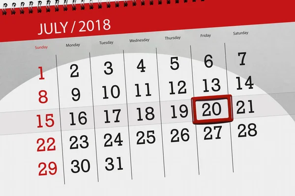 Planificador de calendario para el mes, fecha límite día de la semana, viernes, 2018 20 de julio —  Fotos de Stock