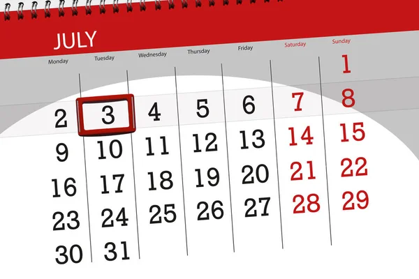 日历规划器的月份, 截止日的一周, 星期二, 2018 7月3日 — 图库照片