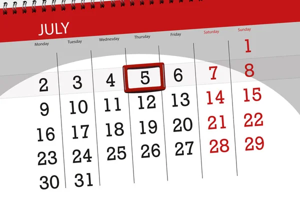月、週、木曜日、7 月 5 日 2018 の締め切りの日のカレンダー プランナー — ストック写真