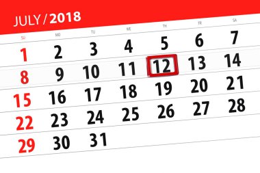Ayın son günü hafta, Perşembe, 2018 12 Temmuz için Takvim Planlayıcısı